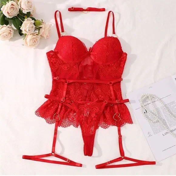 NWT Red Floral Lace Underwire Bustier Garter Set With Heart Choker - Picture 6 of 10